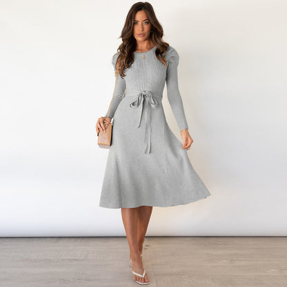 Autumn Winter Bubble Long Sleeve Knitted Dress Mid-length Slimming High Waist Big Swing Dress Base Sweater Dress