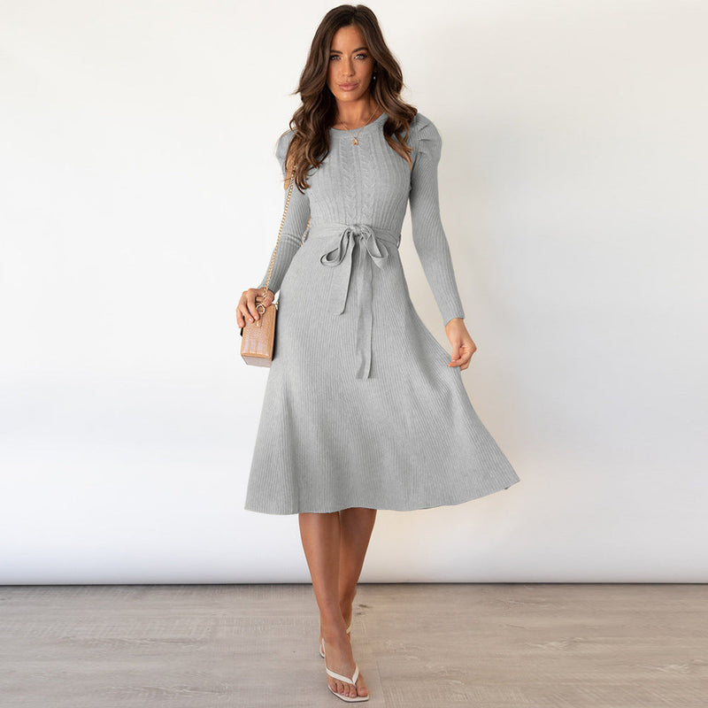 Autumn Winter Bubble Long Sleeve Knitted Dress Mid-length Slimming High Waist Big Swing Dress Base Sweater Dress