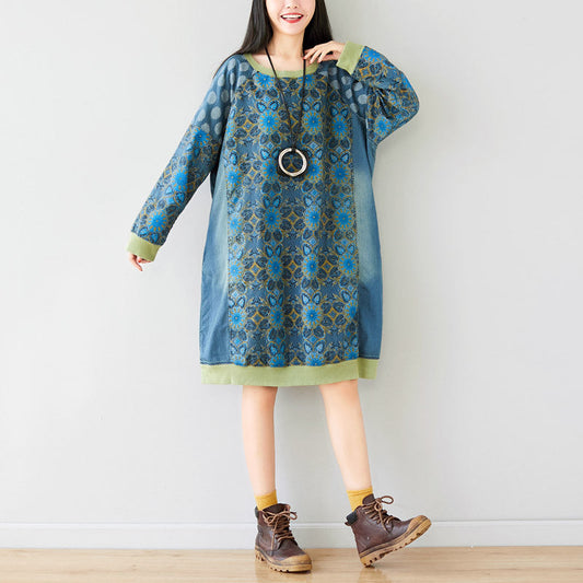 Artistic Stitching Round Neck Sweater Mid Length Drop Shoulder Coat Dress Korean Loose