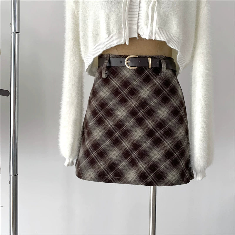 Red Plaid Wool Midi Skirt