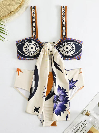 Print Lace Up Bikini & Short Swimsuit Set With Skirt