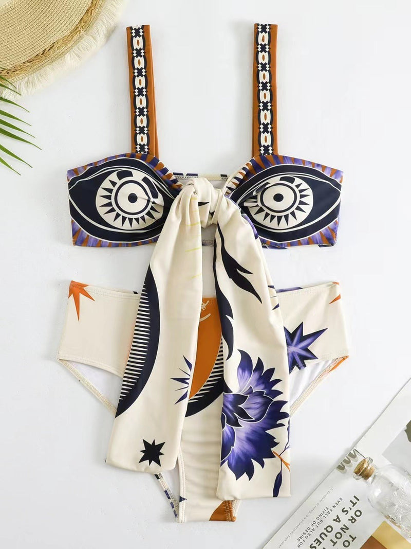 Print Lace Up Bikini & Short Swimsuit Set With Skirt