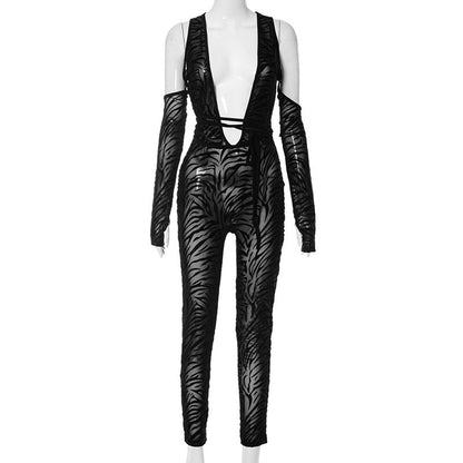 Clothing Autumn Winter Deep V Plunge Neck Tight Jumpsuit