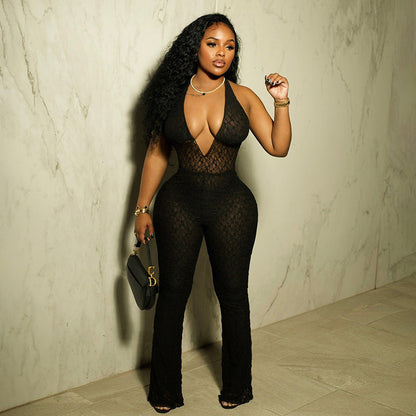 Fall Clothing Halter Deep V Plunge Neck Lace See Through Lace Up Backless Jumpsuit