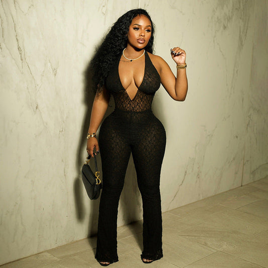 Fall Clothing Halter Deep V Plunge Neck Lace See Through Lace Up Backless Jumpsuit