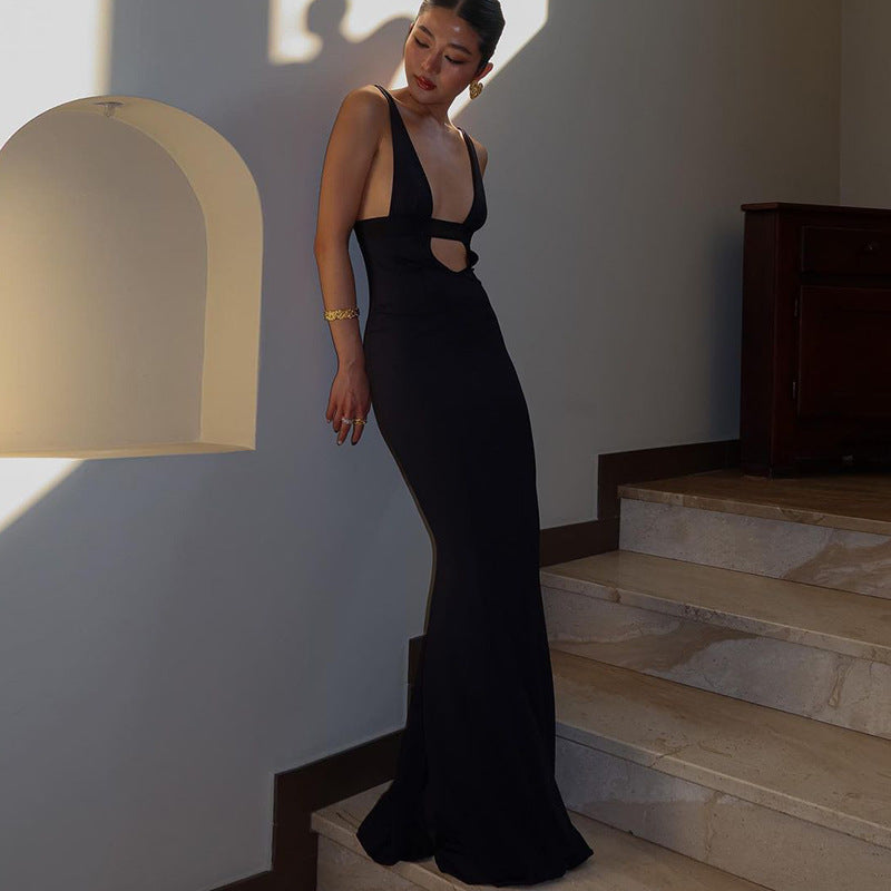 In Deep V Plunge Patch Hollow Out Cutout Corset Maxi Dress Slim Strap Dress