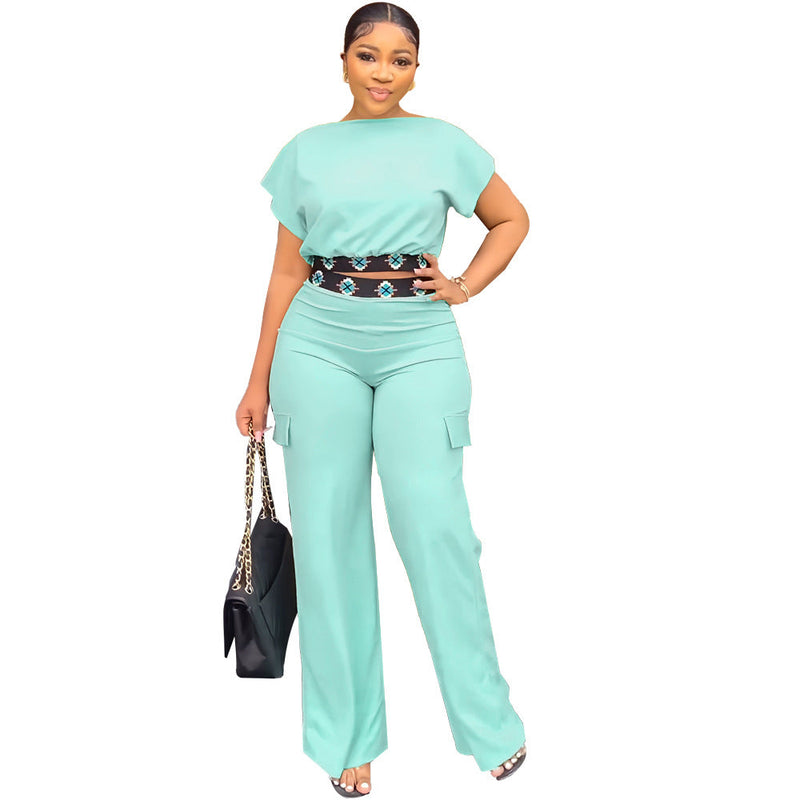 Short Sleeve Coat Summer Color All Matching Loose Straight Trousers Two Piece Set
