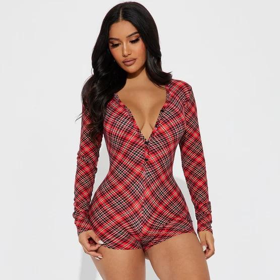 Clothing Christmas Printed Checks V Neck Long Sleeve Romper Featured Festive Jumpsuit