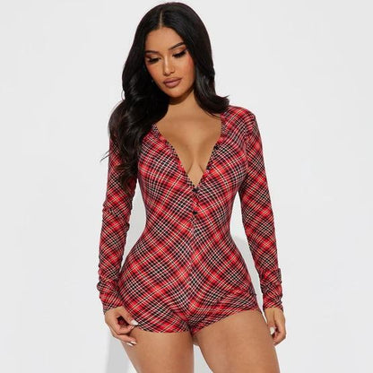 Clothing Christmas Printed Checks V Neck Long Sleeve Romper Featured Festive Jumpsuit