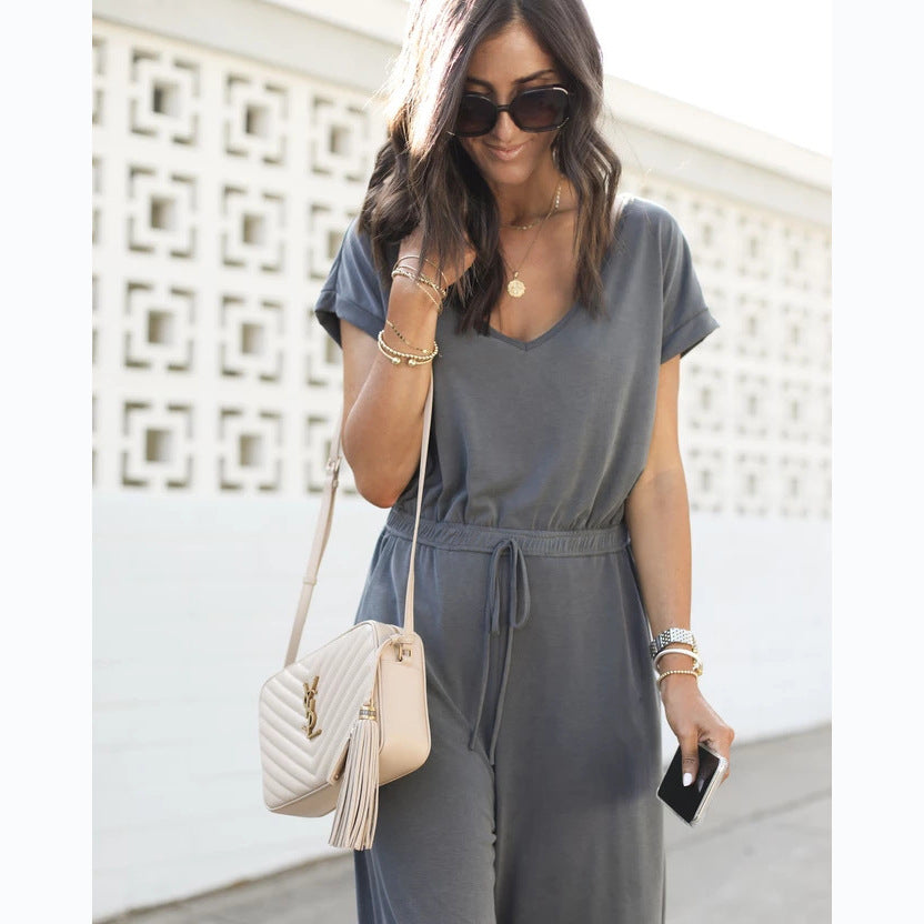 Spring Summer Elastic Waist V Neck Wide Leg Jumpsuit for
