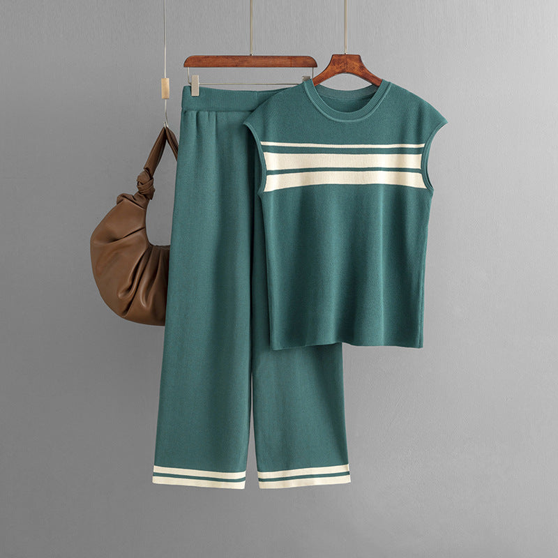 Suit Loose Contrast Color Striped Sleeveless Top High Waist Wide Leg Pants Two Piece Set