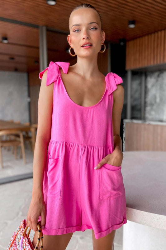 Summer Color Bamboo Round Neck Sleeveless Bow Loose Waist Romper