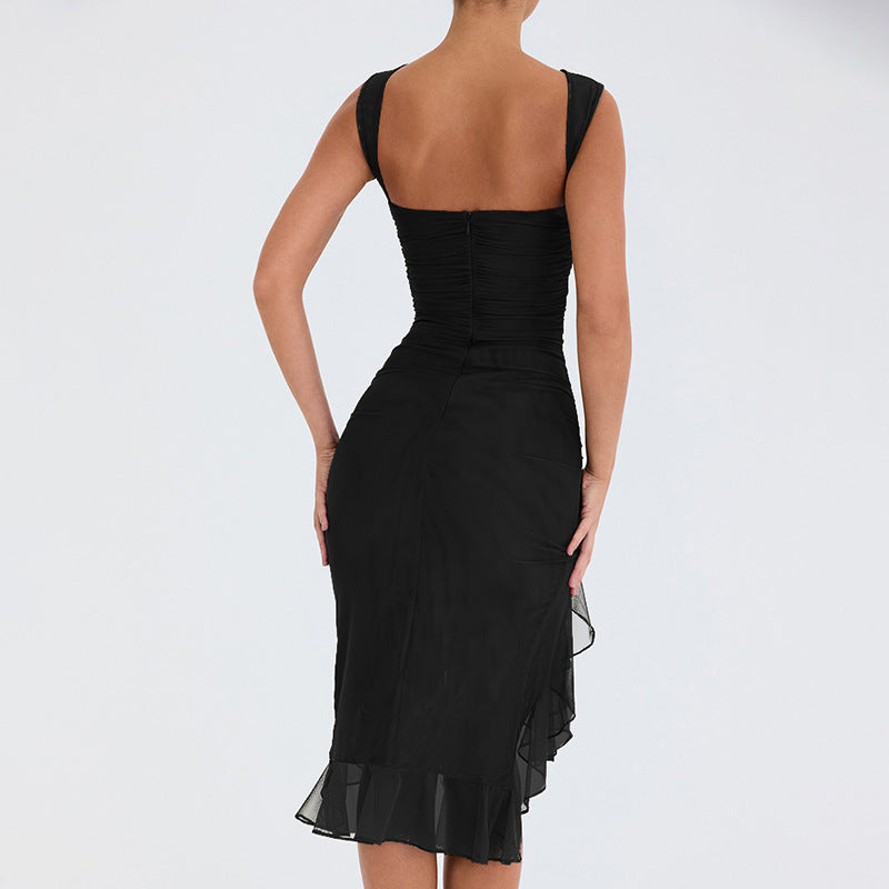 Spring Summer Round Neck Sleeveless Dress Tight Backless Pleated Midi Dress