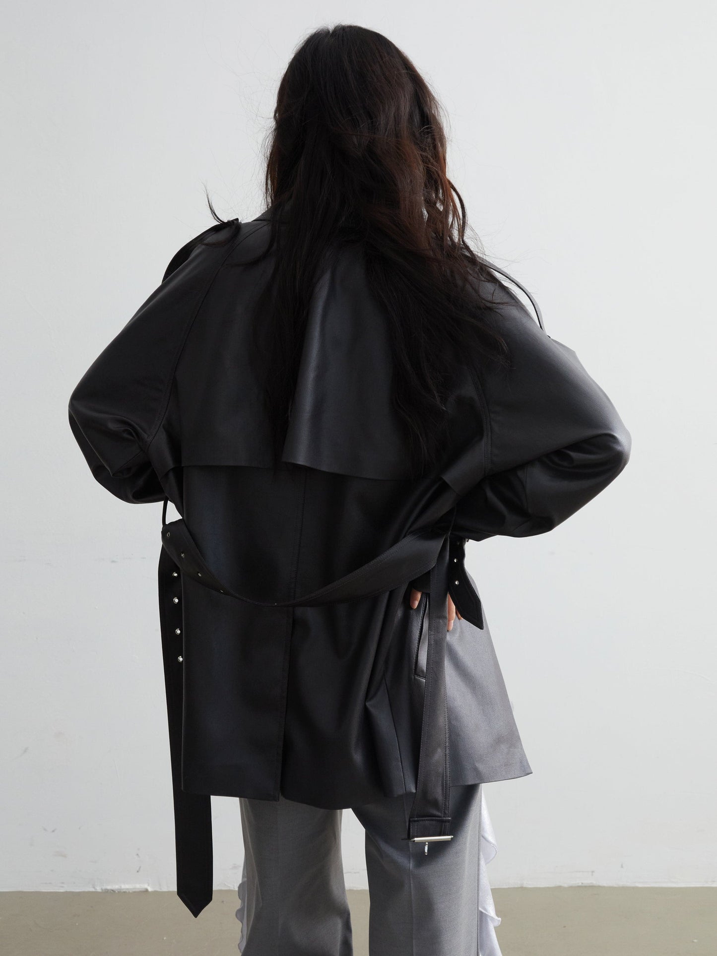 Matte Leather Short Coat With Slit Design