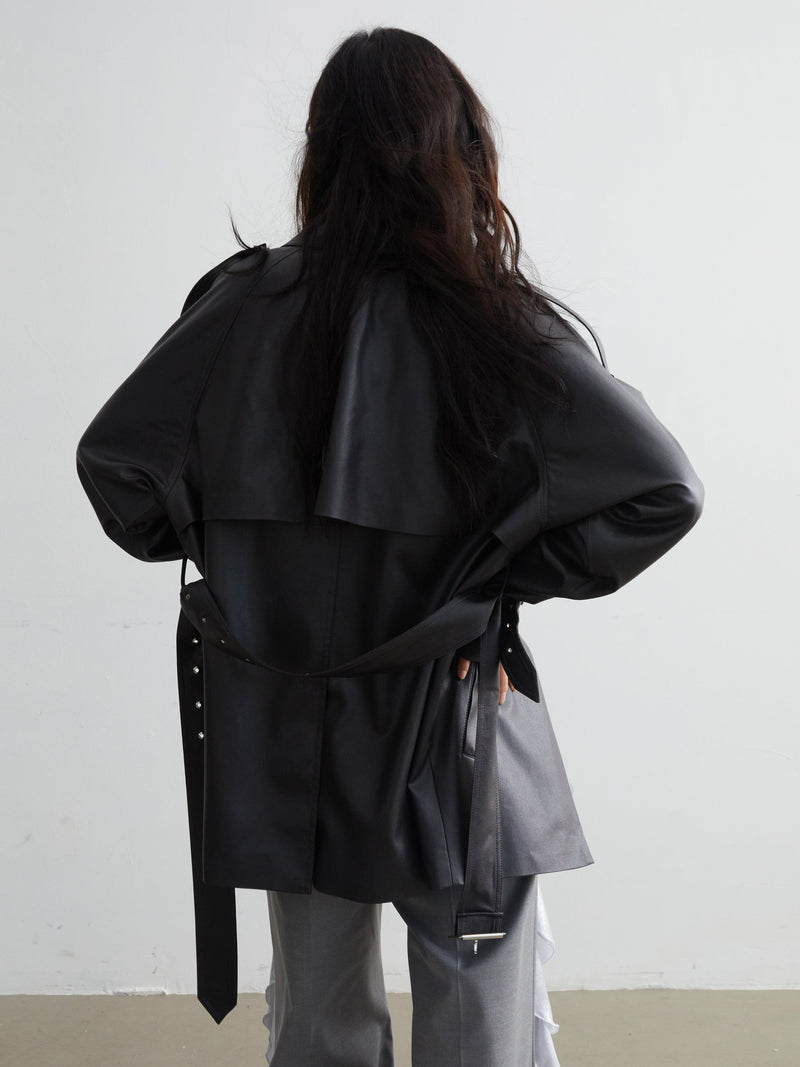 Matte Leather Short Coat With Slit Design