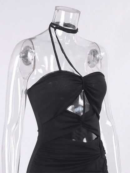 Mesh Hollow Out Cutout Backless See Through High Slit Maxi Dress