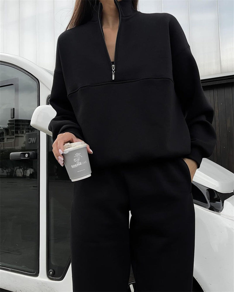 Long Sleeved Zipped Stand Collar Sweater Suit Autumn Winter Comfort Loose Sports Sweater Two Piece Set