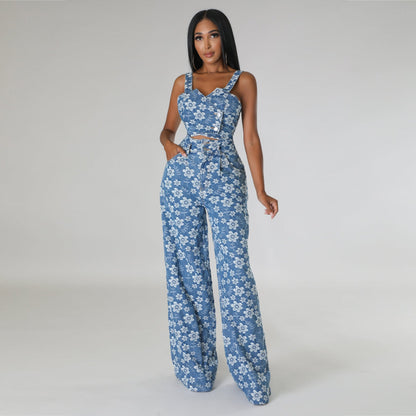 Autumn Winter Clothing Denim Jacquard Suit Nightclub Wrapped Top Wide Leg Pants Suit