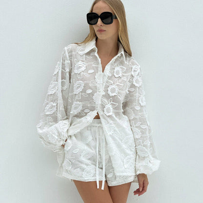 Suit Spring Autumn Cotton Embroidered Transparent Shirt High Waist Shorts