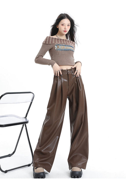 Coffee Wide-leg Pu Leather Pants