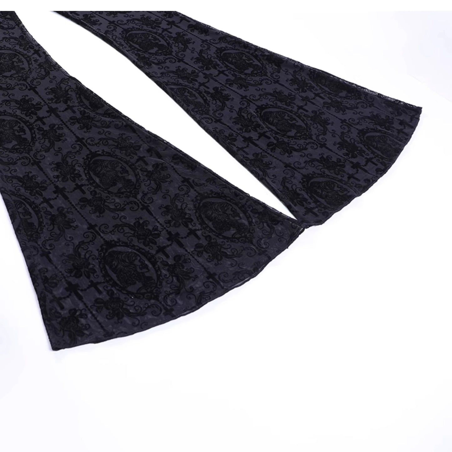 Wannathis Gothic Lace Ensemble - Black Sheer Flared Pants, Brocade Camisole, and Bell Sleeve Bolero