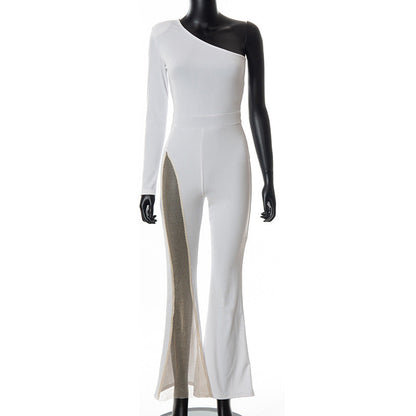 Autumn Clothing Color Shoulder Mesh Stitching Jumpsuit