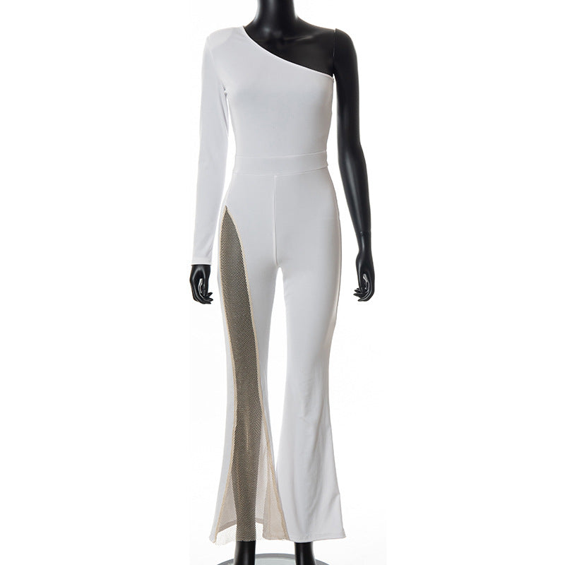 Autumn Clothing Color Shoulder Mesh Stitching Jumpsuit