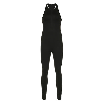 Sports Color Yoga Pants Zipper Stitching Hollow Out Cutout Backless Tight Sleeveless One Piece Trousers