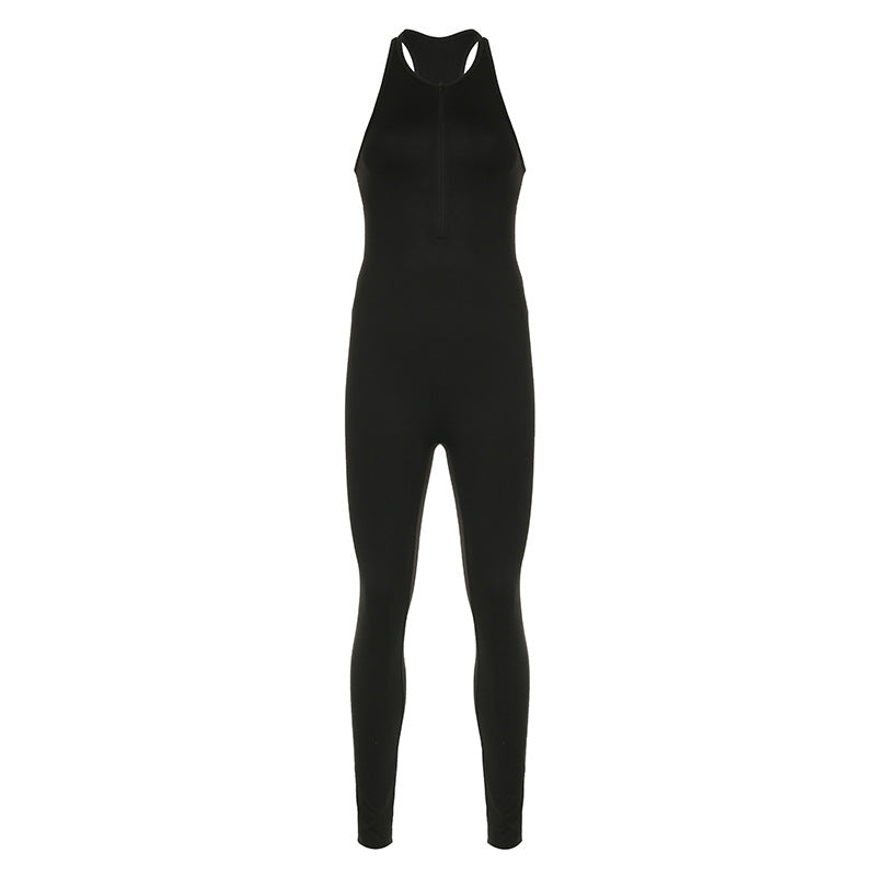 Sports Color Yoga Pants Zipper Stitching Hollow Out Cutout Backless Tight Sleeveless One Piece Trousers