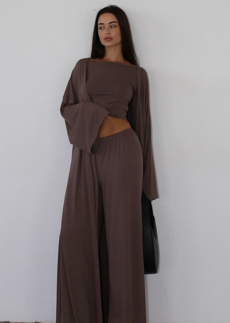 Sienna Three-piece Lounge Set – Flowy Pants, Fitted Top & Drape Cardigan