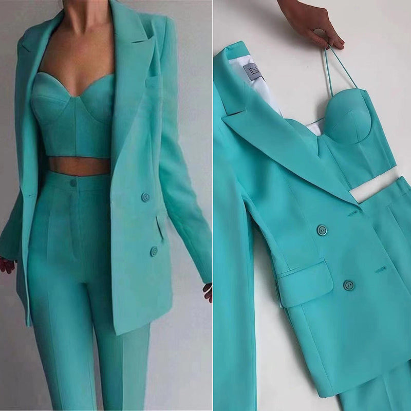 Office Business Plus Bra Pants Blazer Suit Set