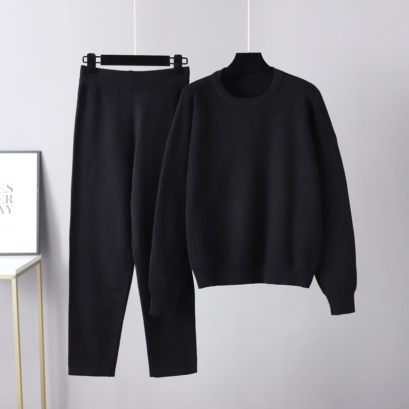 Autumn Winter Loose Sweater Two Piece Set Color Knitting Suit