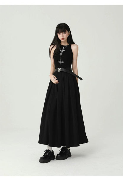 Ladyghost Gothic Sleeveless Maxi Dress - Black A-line Gown With Cross Pendant and Pentagram Belt