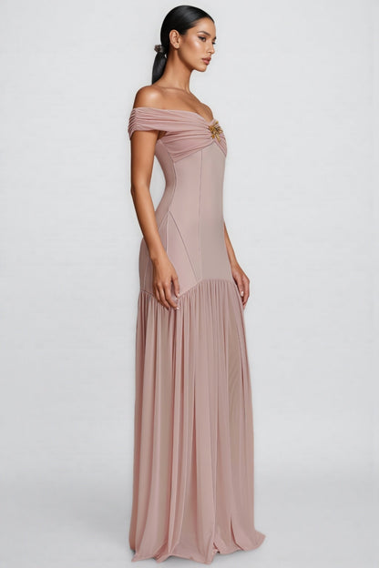 Cionlt Pink Mesh Backless Pleated Maxi Dress