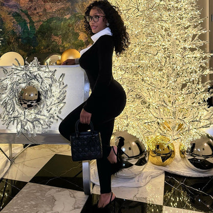 Clothing Tight Slimming Long Jumpsuit Long Sleeve Zipper White U Shaped Collar Jumpsuit