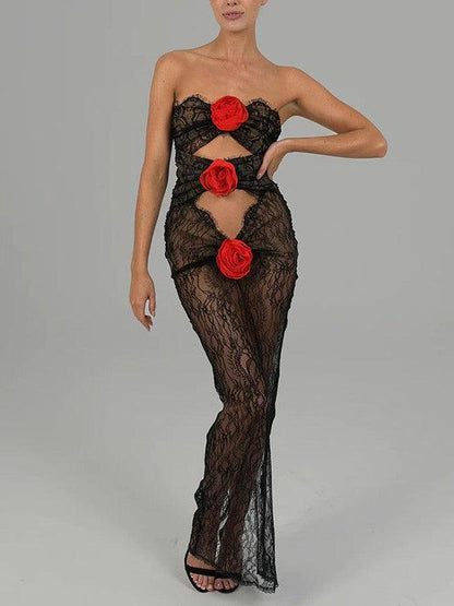 Lace Rose Tube Cutout See Through Maxi Dress