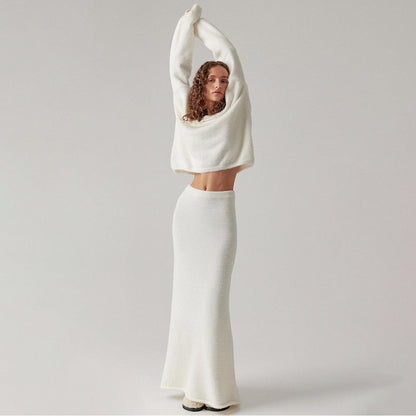 Sweater Suit Autumn Winter Office Simple Knitting V Neck Sweater Skirt Set