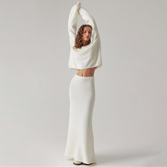 Sweater Suit Autumn Winter Office Simple Knitting V Neck Sweater Skirt Set