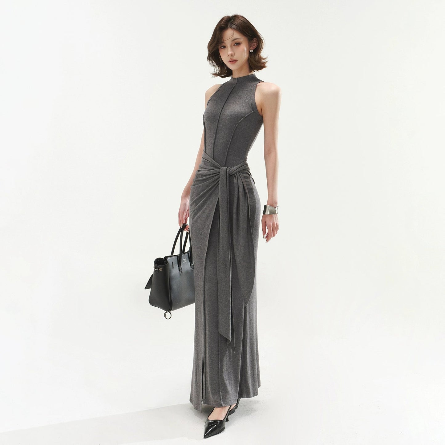 Sleeveless Mock Neck Maxi Dress With Tie Waist