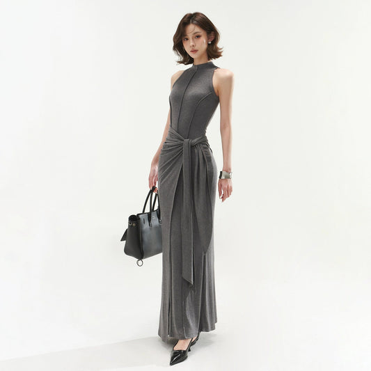 Sleeveless Mock Neck Maxi Dress With Tie Waist