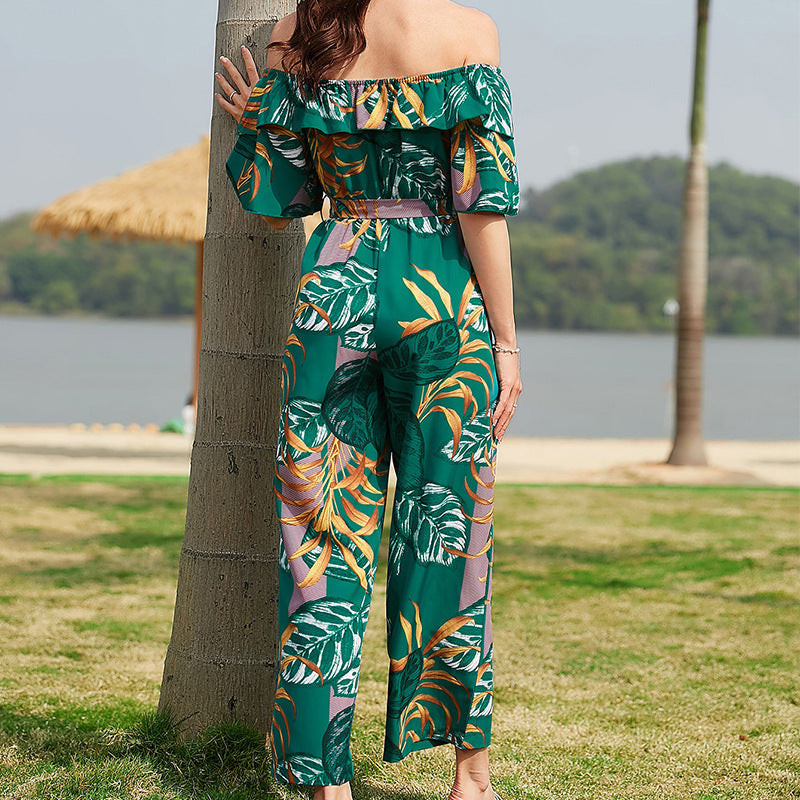 Clothing Off-shoulder Jumpsuit Summer Short Sleeve Chiffon Vacation Beach Jumpsuit