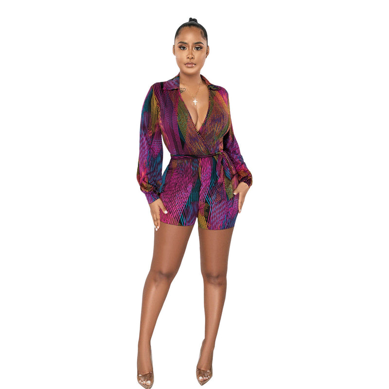 Clothing Spring Summer Deep V Plunge Neck Color Printed Lace Up Jumpsuit