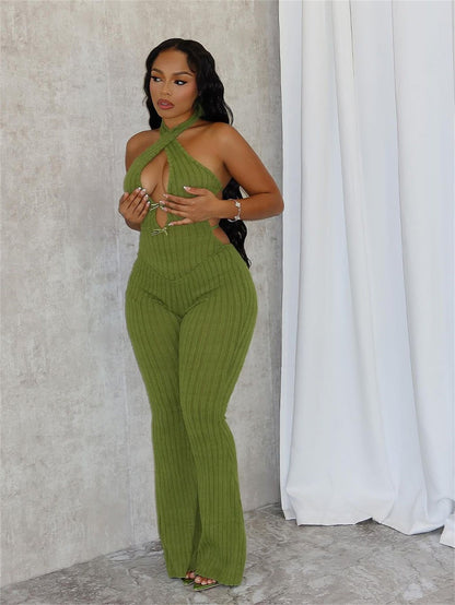 Summer Halter Slim Fit Lace Up Backless Jumpsuit Bell Bottom Pants Jumpsuit