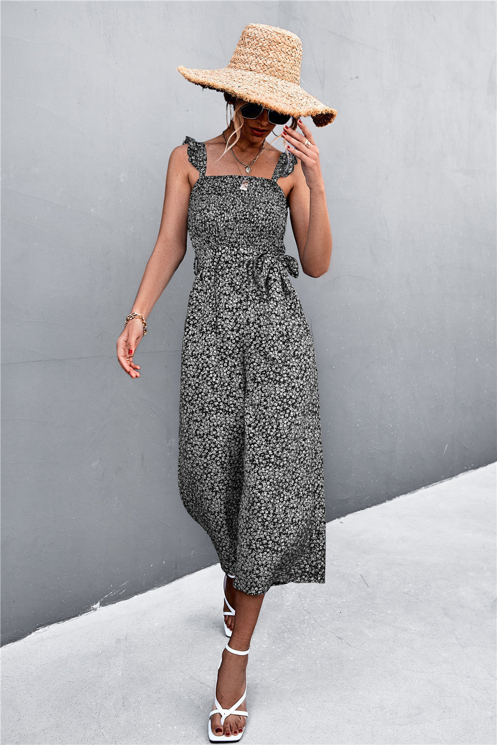 Spring Summer Flying Sleeves Belt Smocking Jumpsuit