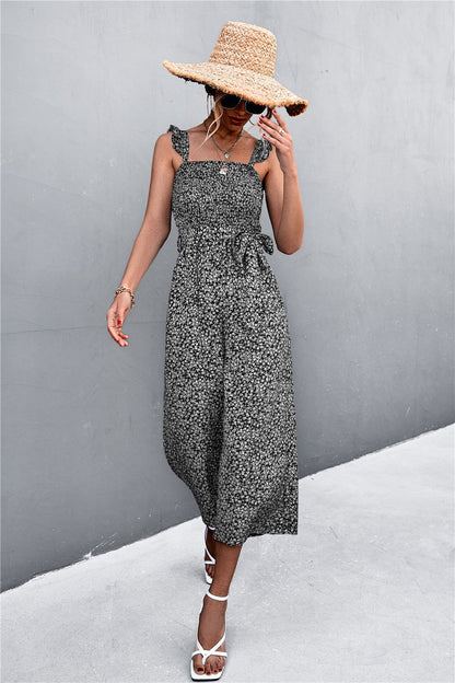 Spring Summer Flying Sleeves Belt Smocking Jumpsuit