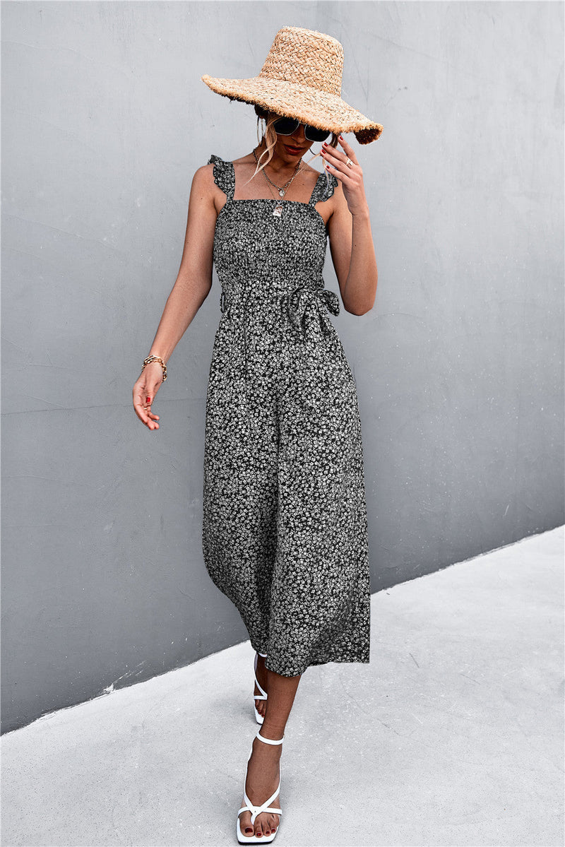 Spring Summer Flying Sleeves Belt Smocking Jumpsuit