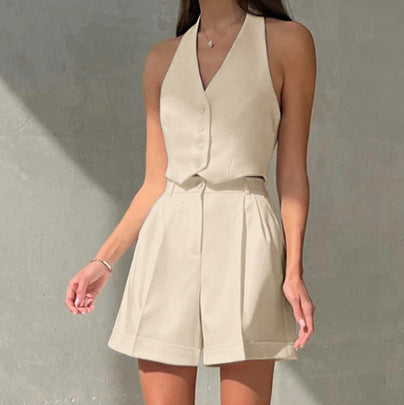 Spring Summer Office Sleeveless V Neck Halter Pants Set Two Piece Set