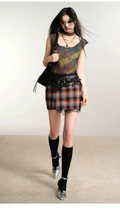 Of Akiva -inspired Plaid Camisole Top - Sleeveless Scoop Neck Blouse With Lace Trim and Matching Choker