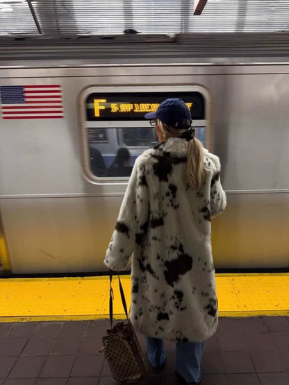 Sachi Cow Pattern Faux Fur Coat