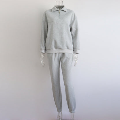 Long Sleeved Zipped Stand Collar Sweater Suit Autumn Winter Comfort Loose Sports Sweater Two Piece Set